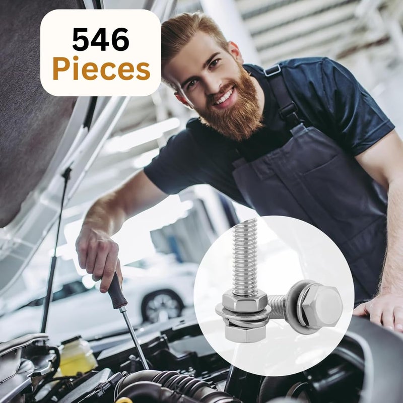 GENERASIS طقم صواميل وبراغي | مقياس م3 م4 م5 | براغي سداسية من الفولاذ المقاوم للصدأ 304، صواميل وغسالات مع مجموعة تخزين (عبوة من 546 قطعة) - Image 4