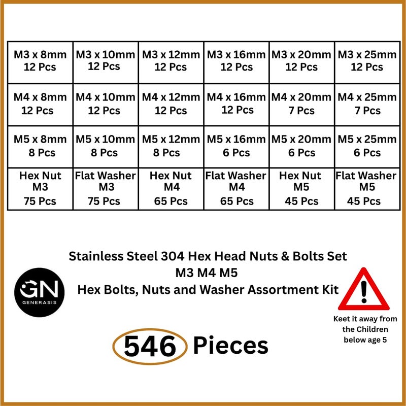GENERASIS طقم صواميل وبراغي | مقياس م3 م4 م5 | براغي سداسية من الفولاذ المقاوم للصدأ 304، صواميل وغسالات مع مجموعة تخزين (عبوة من 546 قطعة) - Image 2