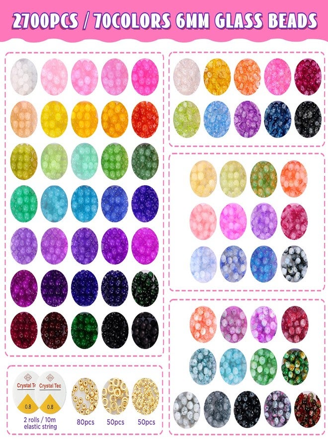 Funtopia 6mm Glass Beads for Bracelets Making, 2700pcs 70 Colors Crackle Glass Beads for Jewellery Making, Funtopia Round Jade Crystal Gemstone Bead for DIY Necklace Crafts, Solid and Floral Colors - Image 2