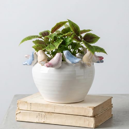 ZSHAWN Stoneware Planter with Colorful Birds on Rim, Reactive Glaze Decorative Flower Pot for Indoor Plants, Vintage Cottagecore Bird Planter, Ceramic Pot for Succulents, Tabletop Home Décor Accent - Image 1