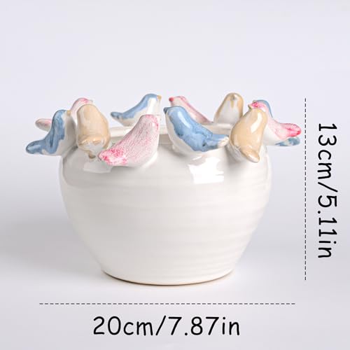 ZSHAWN Stoneware Planter with Colorful Birds on Rim, Reactive Glaze Decorative Flower Pot for Indoor Plants, Vintage Cottagecore Bird Planter, Ceramic Pot for Succulents, Tabletop Home Décor Accent - Image 2