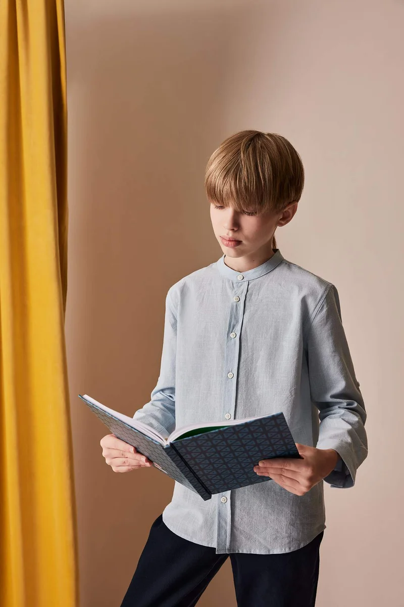 DeFacto Boy Stand Collar Linen Look Long Sleeve Shirt