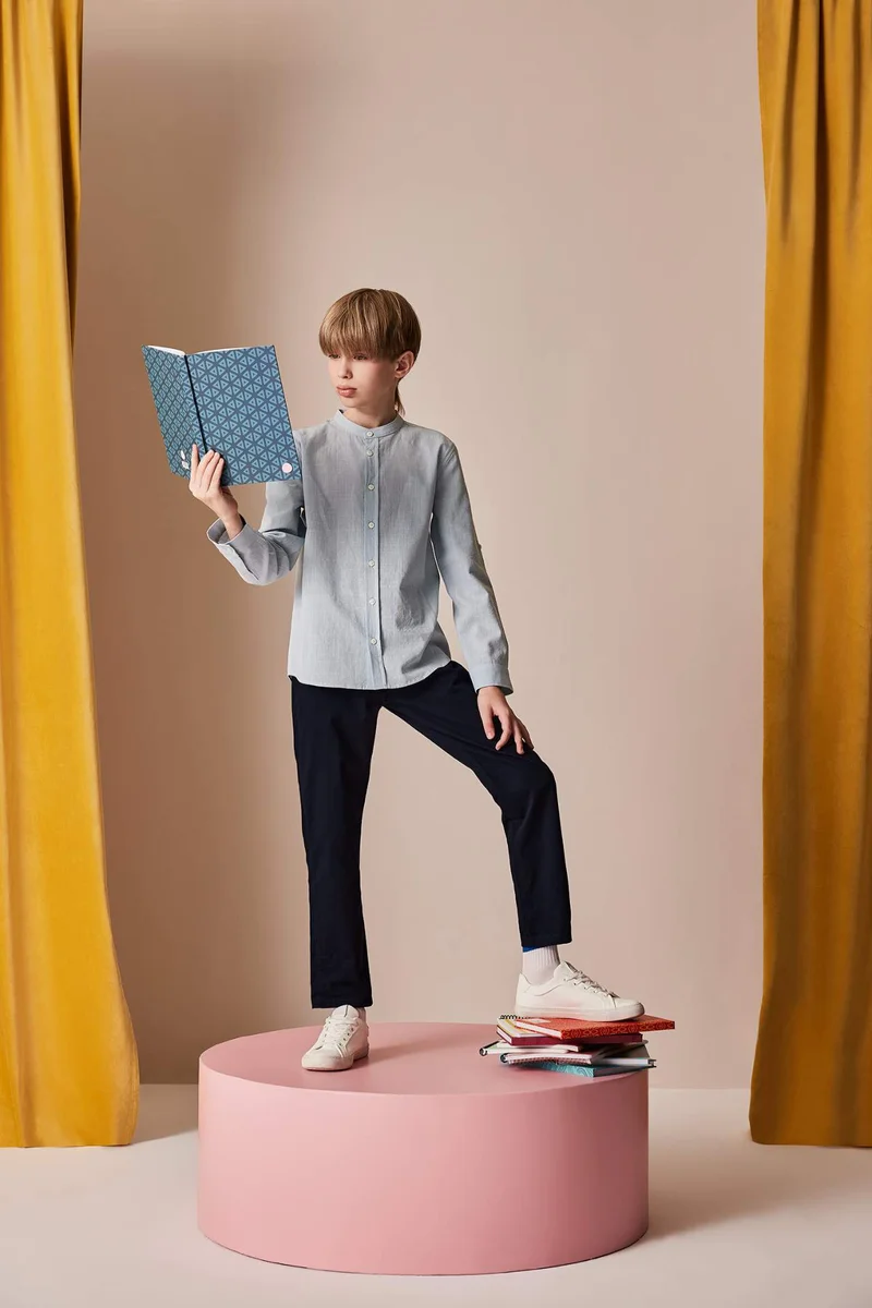 DeFacto Boy Stand Collar Linen Look Long Sleeve Shirt