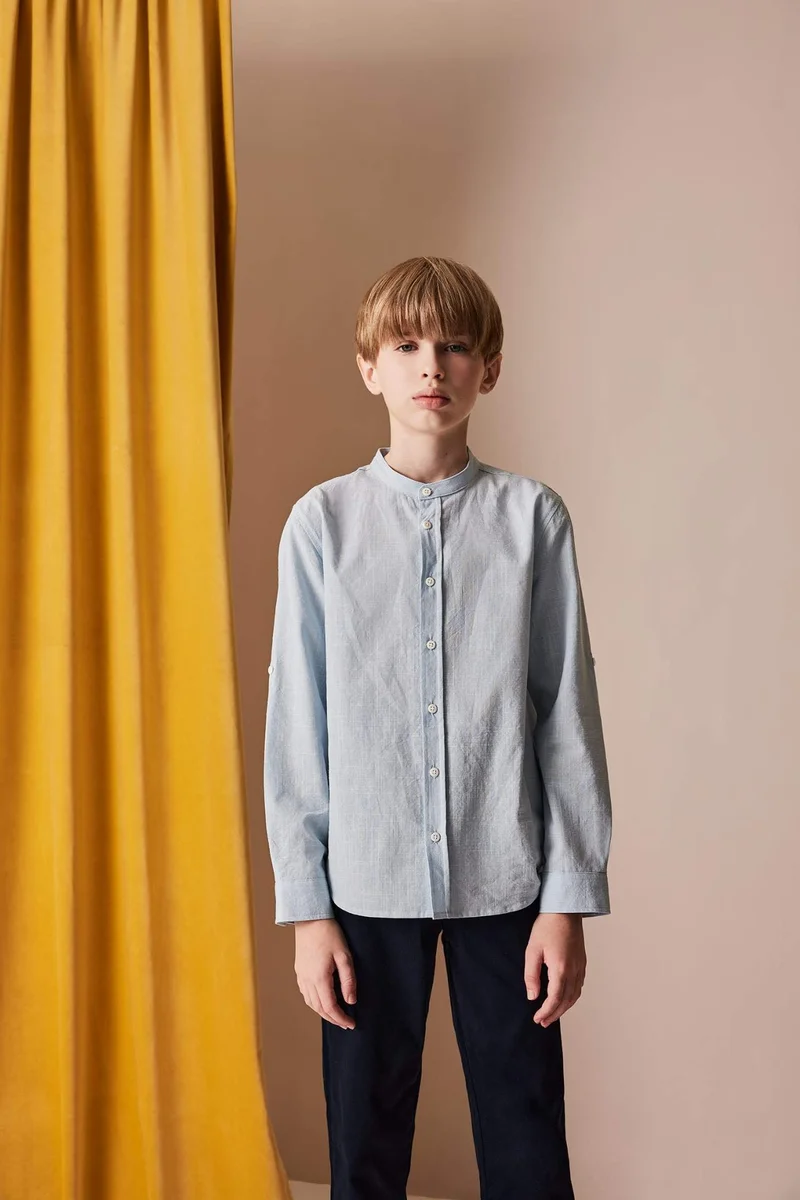 ديفاكتو Boy Stand Collar Linen Look Long Sleeve Shirt