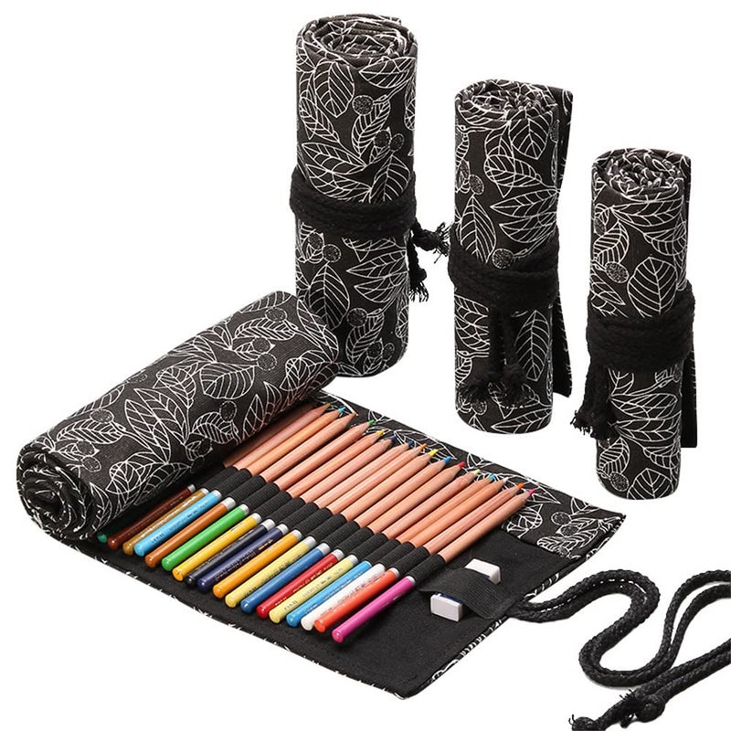 DIYOMR 243672 Slots Pencil Wrap Pencil Rolls Artist Colored Pencils Roll Up Bag Short Brushes Pouch Case Pencils Organizer for Drawing Coloring and Sketching Black Leaves 72slots