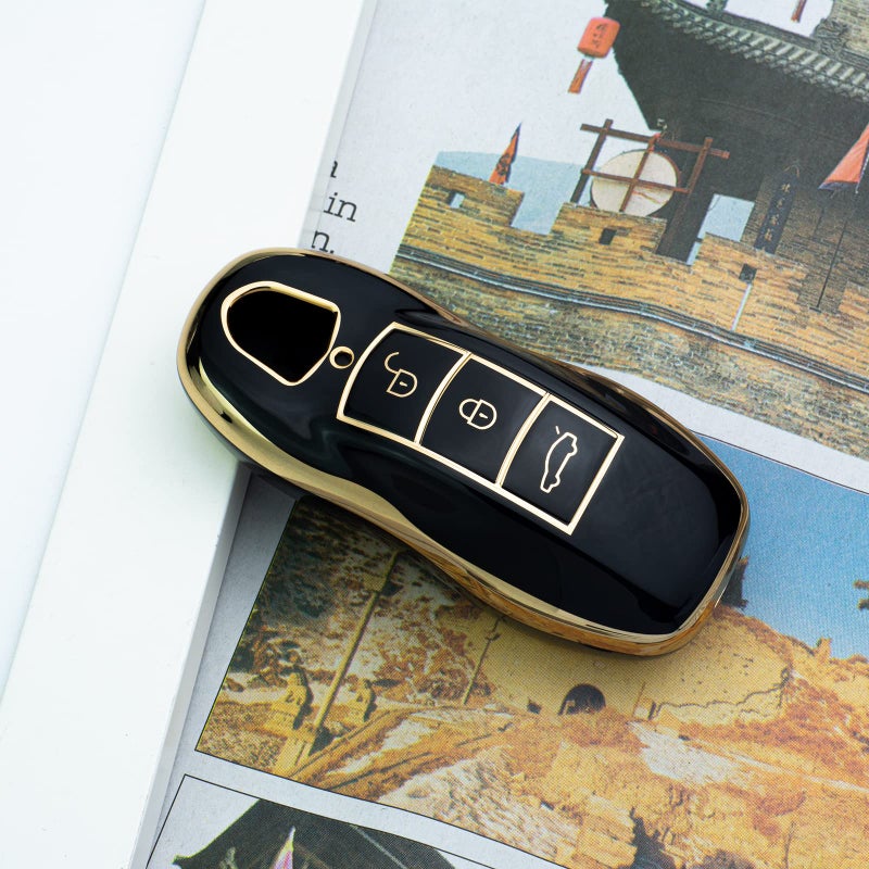 SK CUSTOM Black TPU Gold Edge Smart Key Fob Case Protective Cover Compatible with Porsche Macan Cayenne Panamera 911 3 Button Keyless Car Remote Accessory - Image 2