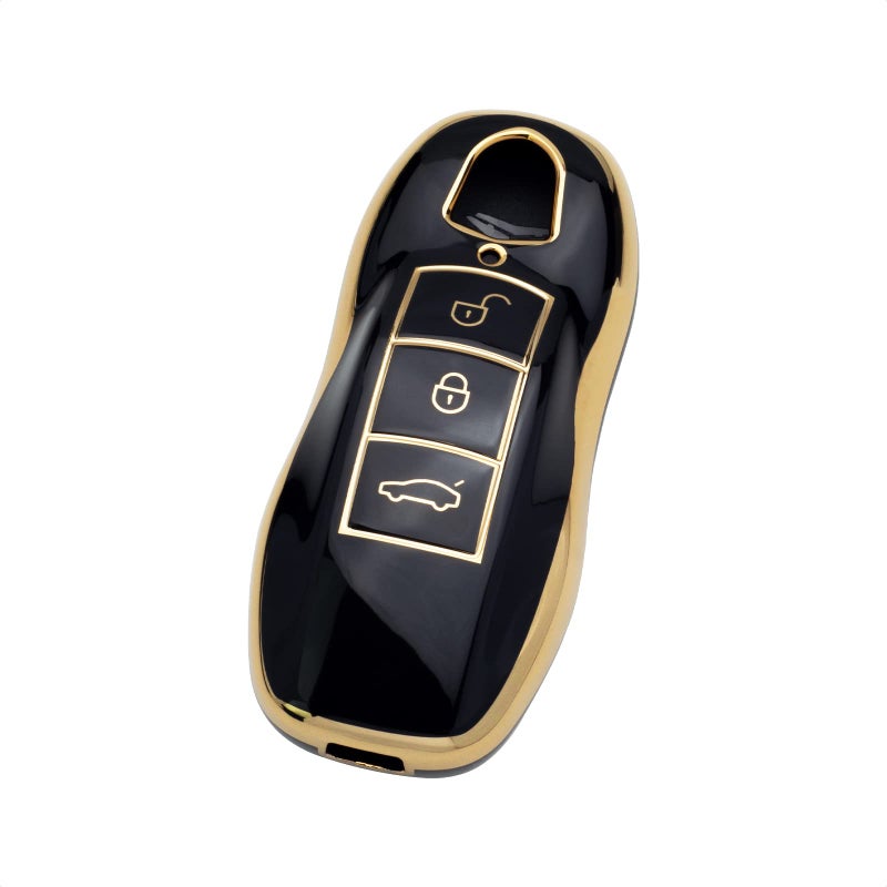 SK CUSTOM Black TPU Gold Edge Smart Key Fob Case Protective Cover Compatible with Porsche Macan Cayenne Panamera 911 3 Button Keyless Car Remote Accessory - Image 1