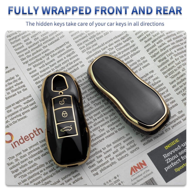 SK CUSTOM Black TPU Gold Edge Smart Key Fob Case Protective Cover Compatible with Porsche Macan Cayenne Panamera 911 3 Button Keyless Car Remote Accessory - Image 3