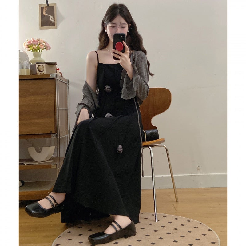 2025 Large Size French Handmade Stereo Flower Waist Slimming Look Suspender Long Dress + Cardigan Two-Piece Set - Image 3