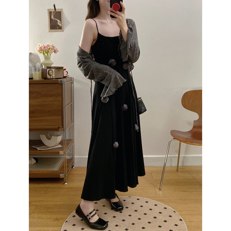2025 Large Size French Handmade Stereo Flower Waist Slimming Look Suspender Long Dress + Cardigan Two-Piece Set - Image 5