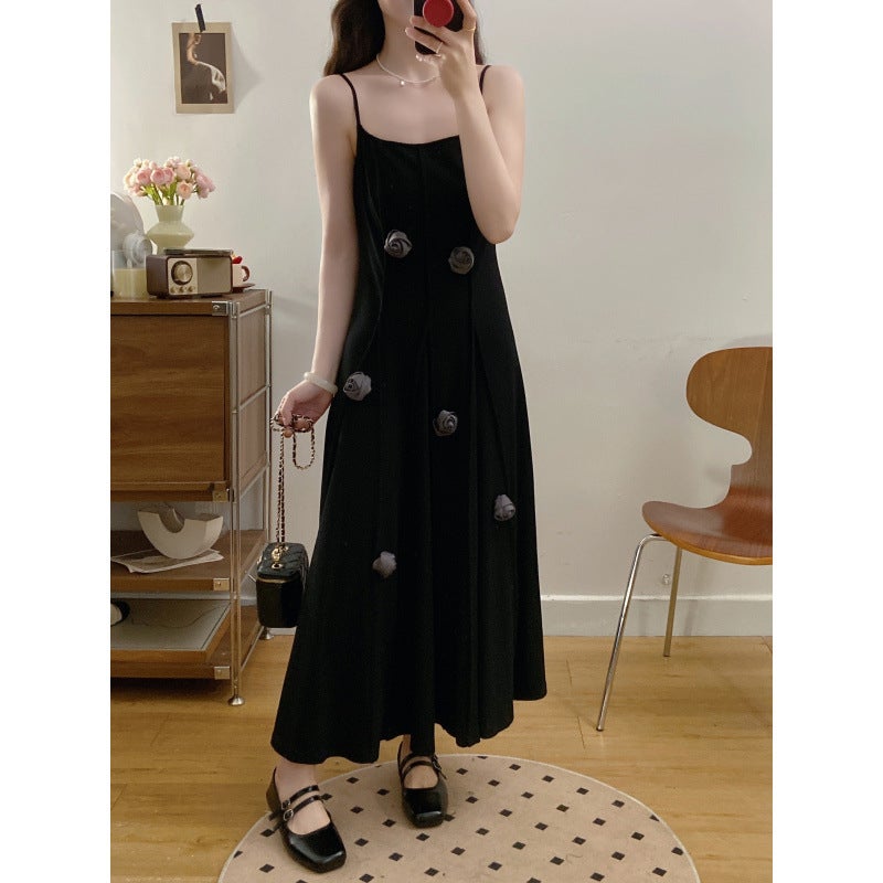 2025 Large Size French Handmade Stereo Flower Waist Slimming Look Suspender Long Dress + Cardigan Two-Piece Set - Image 1