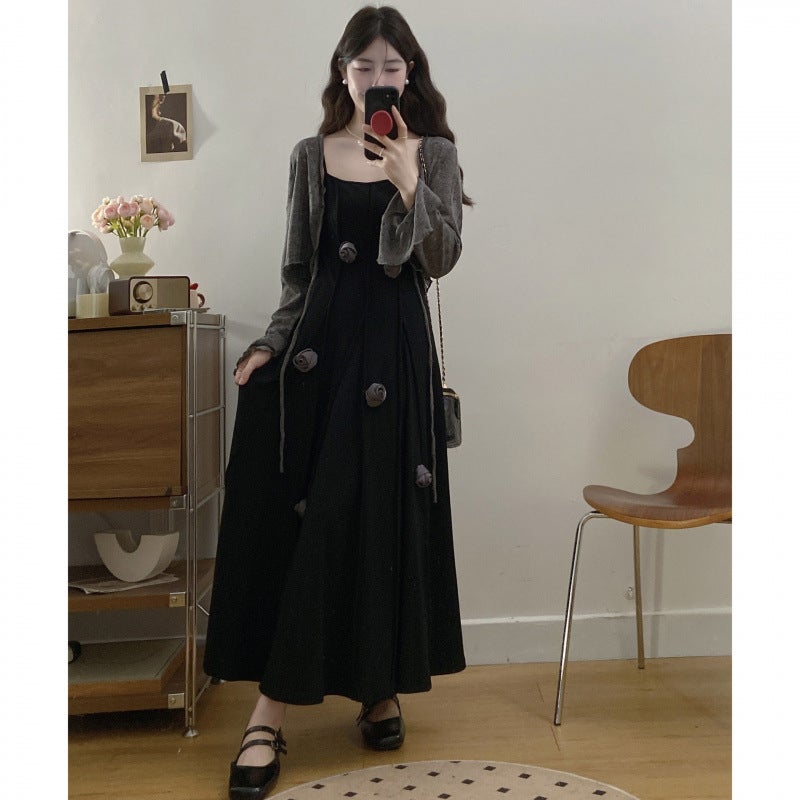 2025 Large Size French Handmade Stereo Flower Waist Slimming Look Suspender Long Dress + Cardigan Two-Piece Set - Image 4