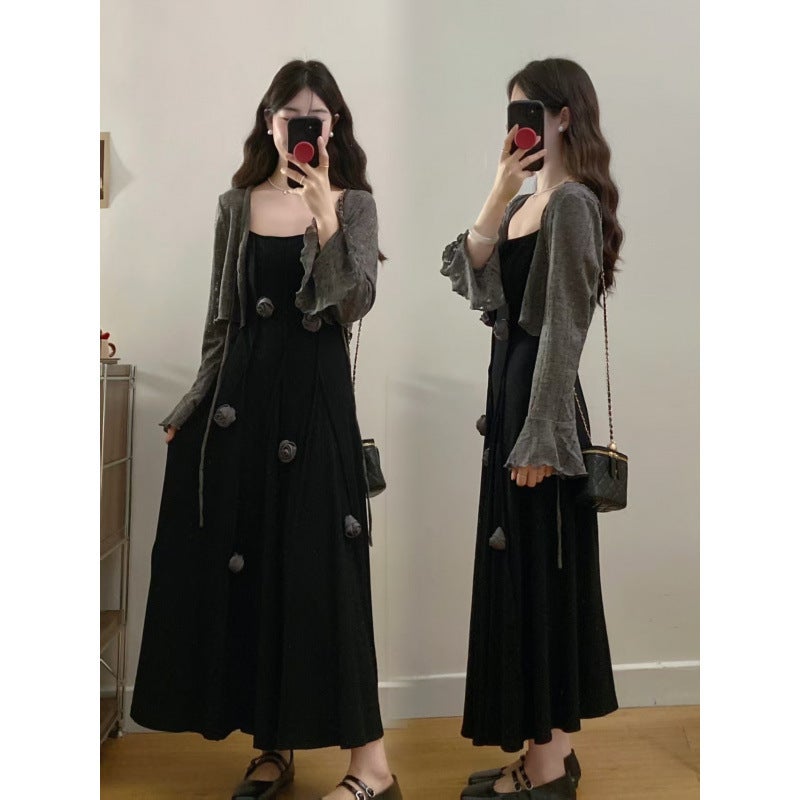 2025 Large Size French Handmade Stereo Flower Waist Slimming Look Suspender Long Dress + Cardigan Two-Piece Set - Image 2