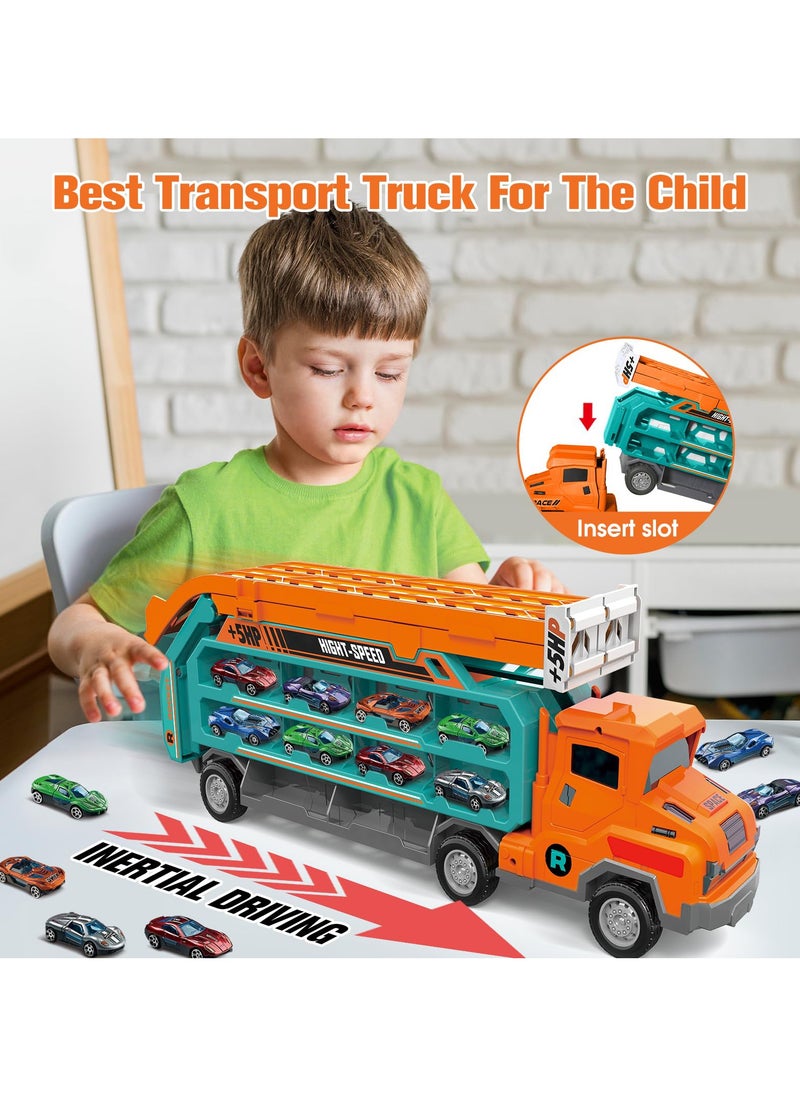 Transport Truck Car Toys for Kids Carrier Truck Race Toy with Foldable Racing Track and 6 Die-Cast Metal Pull Back Cars,for Toddler Boys Girls. 3/4/5/6/7/8 Years Old Boys
