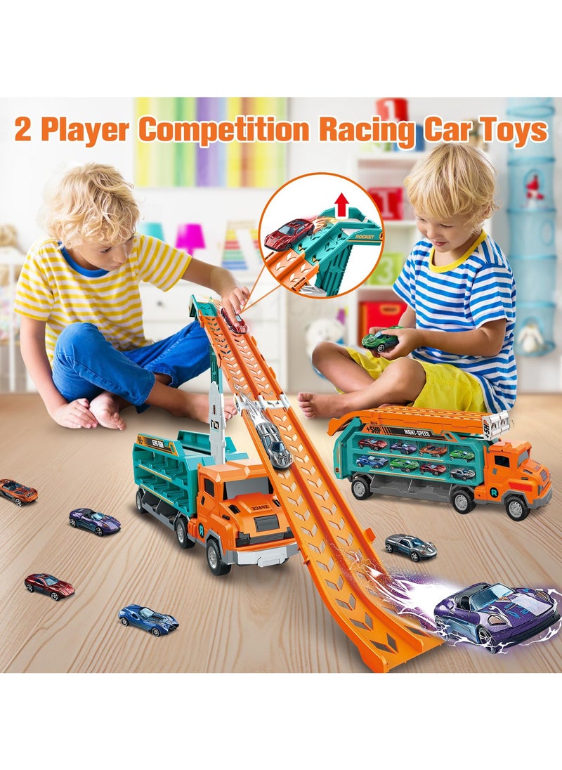 Transport Truck Car Toys for Kids Carrier Truck Race Toy with Foldable Racing Track and 6 Die-Cast Metal Pull Back Cars,for Toddler Boys Girls. 3/4/5/6/7/8 Years Old Boys