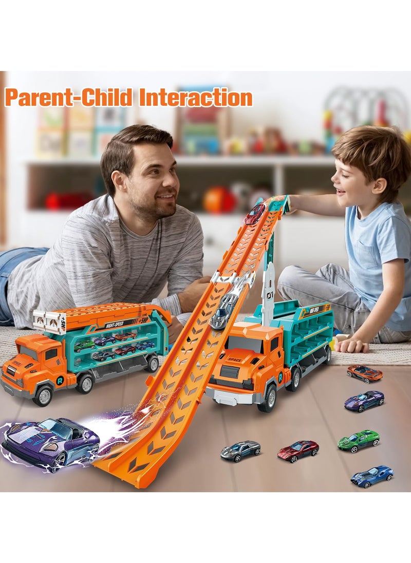 Transport Truck Car Toys for Kids Carrier Truck Race Toy with Foldable Racing Track and 6 Die-Cast Metal Pull Back Cars,for Toddler Boys Girls. 3/4/5/6/7/8 Years Old Boys