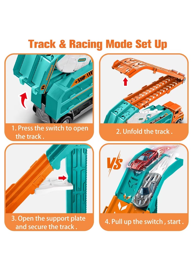 Transport Truck Car Toys for Kids Carrier Truck Race Toy with Foldable Racing Track and 6 Die-Cast Metal Pull Back Cars,for Toddler Boys Girls. 3/4/5/6/7/8 Years Old Boys