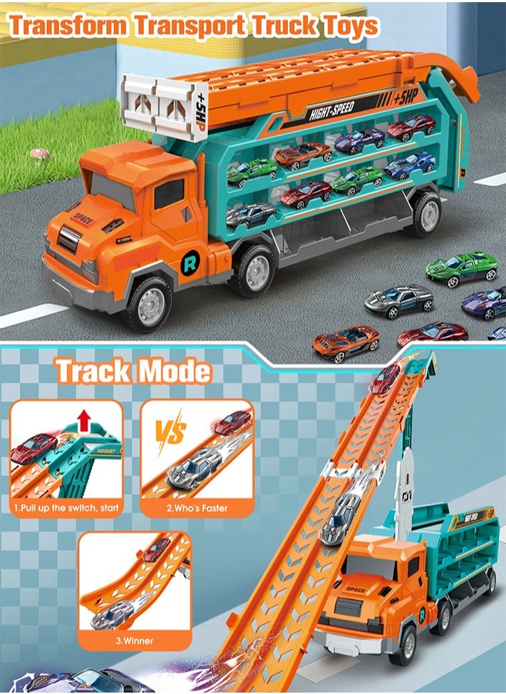 Transport Truck Car Toys for Kids Carrier Truck Race Toy with Foldable Racing Track and 6 Die-Cast Metal Pull Back Cars,for Toddler Boys Girls. 3/4/5/6/7/8 Years Old Boys