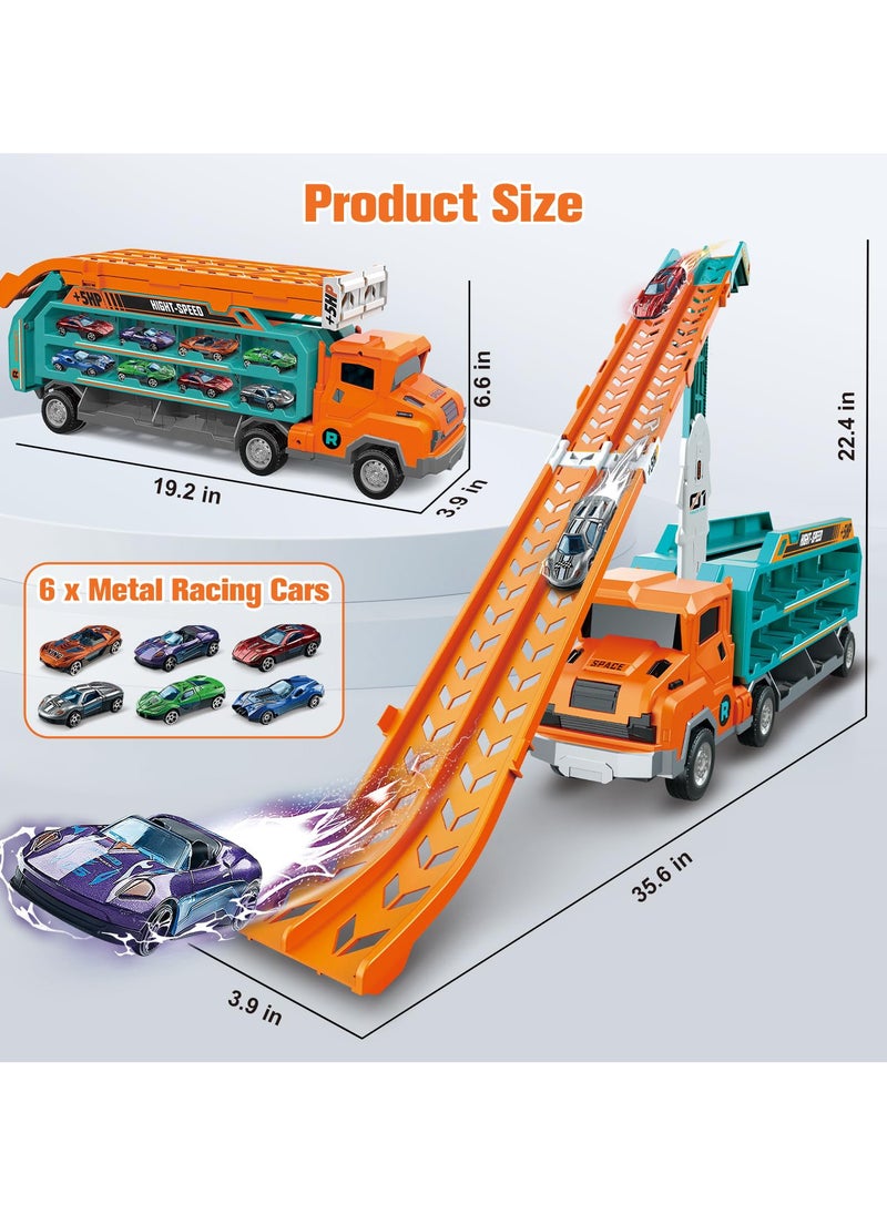 Transport Truck Car Toys for Kids Carrier Truck Race Toy with Foldable Racing Track and 6 Die-Cast Metal Pull Back Cars,for Toddler Boys Girls. 3/4/5/6/7/8 Years Old Boys
