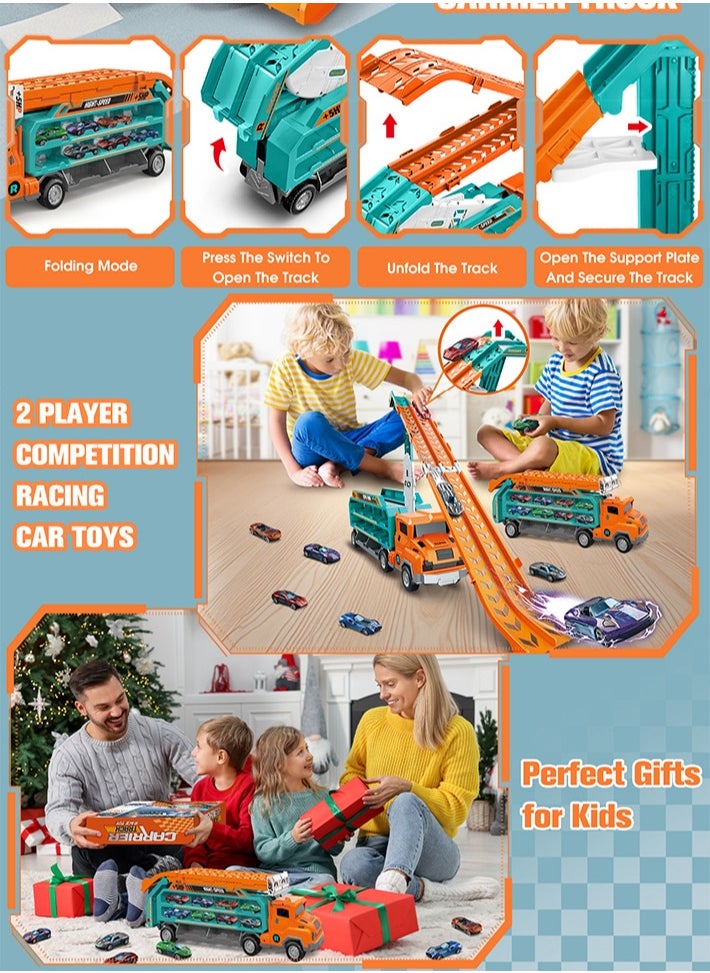 Transport Truck Car Toys for Kids Carrier Truck Race Toy with Foldable Racing Track and 6 Die-Cast Metal Pull Back Cars,for Toddler Boys Girls. 3/4/5/6/7/8 Years Old Boys