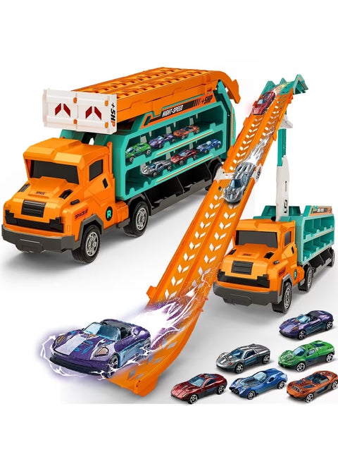 Transport Truck Car Toys for Kids Carrier Truck Race Toy with Foldable Racing Track and 6 Die-Cast Metal Pull Back Cars,for Toddler Boys Girls. 3/4/5/6/7/8 Years Old Boys