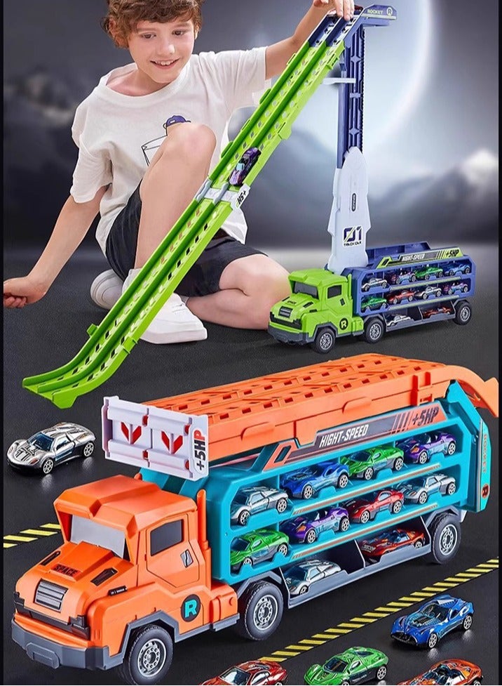 HUMJO Transport Truck Car Toys for Kids Carrier Truck Race Toy with Foldable Racing Track and 6 Die-Cast Metal Pull Back Cars,for Toddler Boys Girls. 3/4/5/6/7/8 Years Old Boys - Image 1