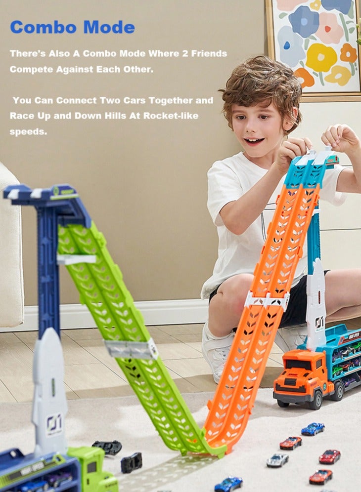 HUMJO Transport Truck Car Toys for Kids Carrier Truck Race Toy with Foldable Racing Track and 6 Die-Cast Metal Pull Back Cars,for Toddler Boys Girls. 3/4/5/6/7/8 Years Old Boys - Image 2