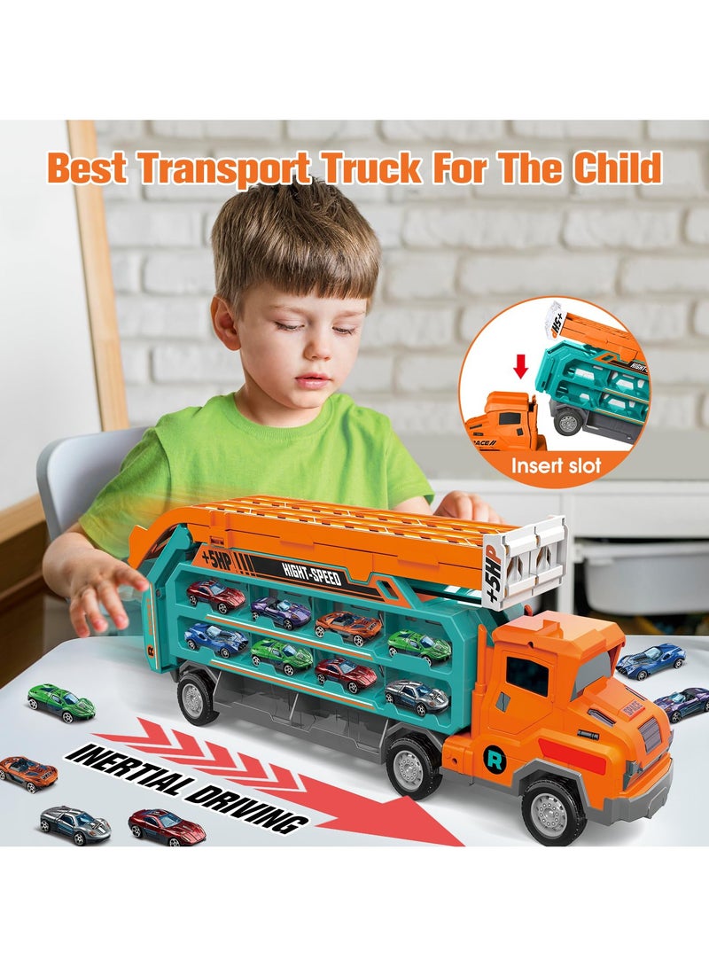 HUMJO Transport Truck Car Toys for Kids Carrier Truck Race Toy with Foldable Racing Track and 6 Die-Cast Metal Pull Back Cars,for Toddler Boys Girls. 3/4/5/6/7/8 Years Old Boys - Image 4