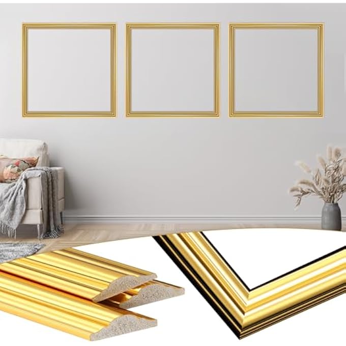 3 SET PEEL AND STICK WALL MOLDING KIT, 24 X 24 INCHES PREMADE ACCENT MOLDING WAINSCOTING PANEL FOR INTERIOR WALL MOULDING DECOR, READY TO ASSEMBLE WAINSCOTING ACCENT PANEL (GOLD COLOR) - Image 1