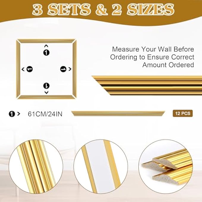 3 SET PEEL AND STICK WALL MOLDING KIT, 24 X 24 INCHES PREMADE ACCENT MOLDING WAINSCOTING PANEL FOR INTERIOR WALL MOULDING DECOR, READY TO ASSEMBLE WAINSCOTING ACCENT PANEL (GOLD COLOR) - Image 3