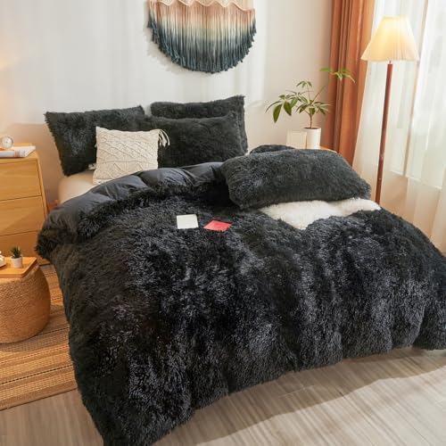 Besfunny Fluffy Faux Fur Black Comforter Cover Queen Set – Plush Fluffy Black Bedding 3-Piece Set (1 Duvet Cover + 2 Furry Pillow Shams) Cozy Bed Set - Image 3