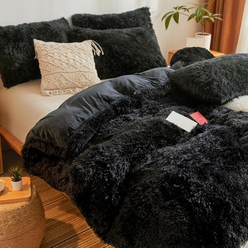 Besfunny Fluffy Faux Fur Black Comforter Cover Queen Set – Plush Fluffy Black Bedding 3-Piece Set (1 Duvet Cover + 2 Furry Pillow Shams) Cozy Bed Set - Image 4