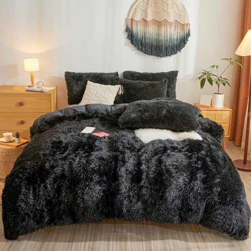 Besfunny Fluffy Faux Fur Black Comforter Cover Queen Set – Plush Fluffy Black Bedding 3-Piece Set (1 Duvet Cover + 2 Furry Pillow Shams) Cozy Bed Set - Image 1
