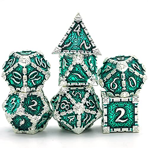 Cusdie 7 Pcs Metal Dice with Metal Box Dagger Design Polyhedral DND Dice Set for Role Playing Game DD Dice Silver Green - Image 1