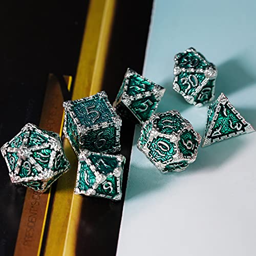 Cusdie 7 Pcs Metal Dice with Metal Box Dagger Design Polyhedral DND Dice Set for Role Playing Game DD Dice Silver Green - Image 5