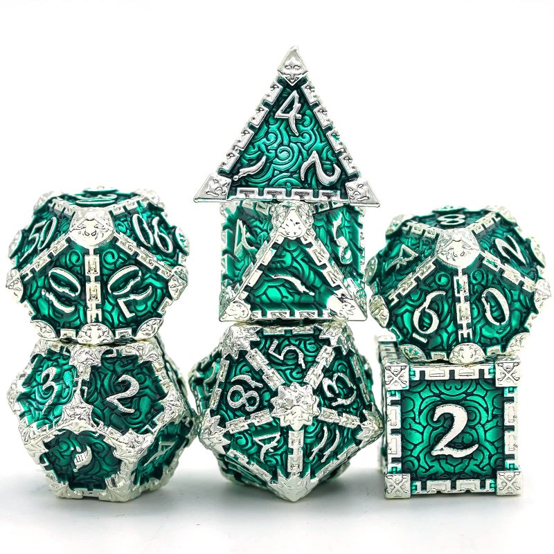 Cusdie 7 Pcs Metal Dice with Metal Box Dagger Design Polyhedral DND Dice Set for Role Playing Game DD Dice Silver Green - Image 4