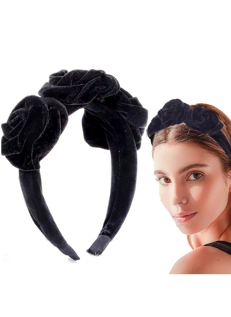 Blindery - Elegant Headband Flower Headbands Velvet Hair Bands Rose Flower Hairband for Women and Girls black - Image 1
