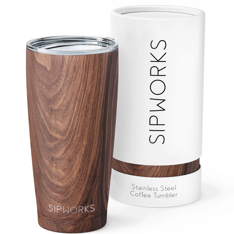 Sipworks Coffee Tumbler  20 oz Insulated Travel Coffee Mug Spill Resistant Stainless Steel Large Coffee Cup with Lid for Hot  Iced Drinks  Mahogany