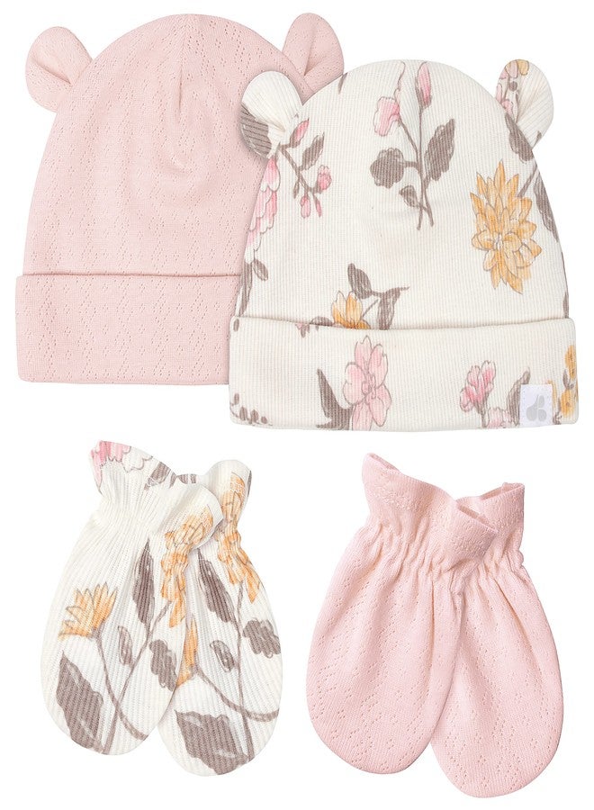Just Born Unisex Baby 4-Piece Caps & Mittens Set, Dusty Pink and Floral, 0-6 Months - Image 1
