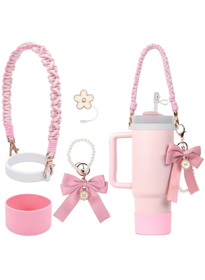 Cup Decoration, Cup Accessories Set 4Pcs for Cup 40oz & 30oz Tumbler, Cup Decoration Including Water Bottle Handle Strap, Silicone Cup Boot, Silicone Straw Cover（Pink）  - Image 1