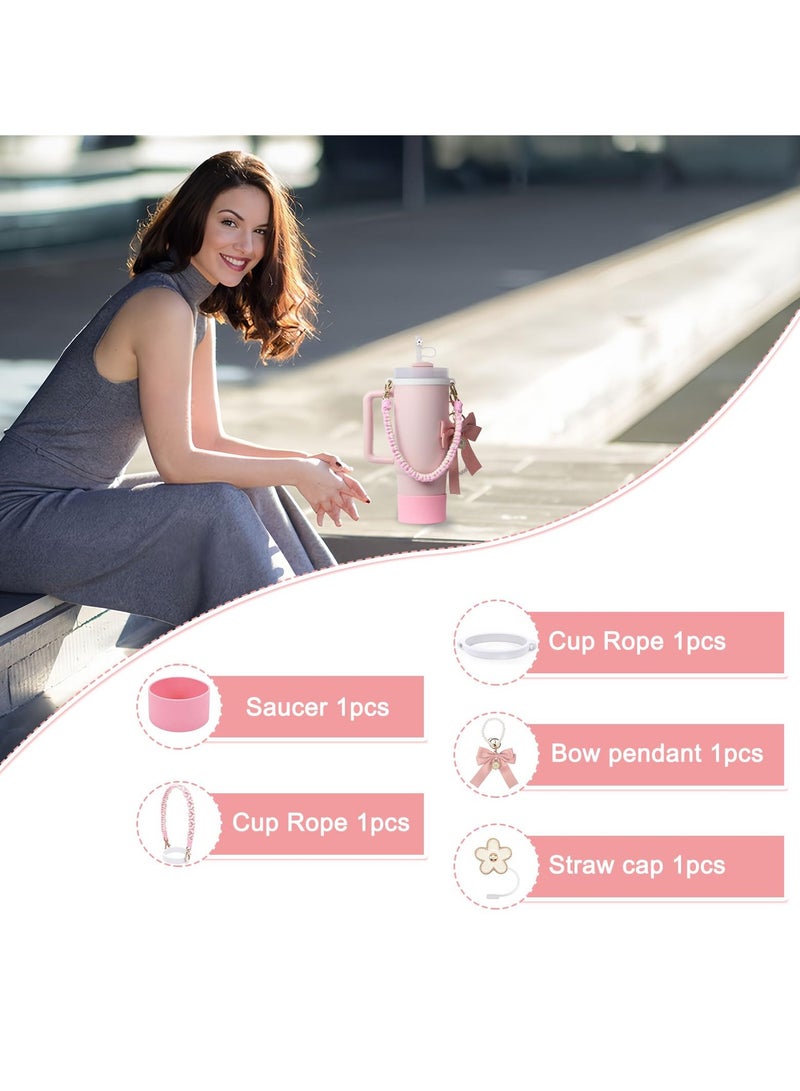 Cup Decoration, Cup Accessories Set 4Pcs for Cup 40oz & 30oz Tumbler, Cup Decoration Including Water Bottle Handle Strap, Silicone Cup Boot, Silicone Straw Cover（Pink）  - Image 5