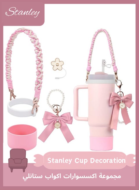 Stanley Cup Decoration, Stanley Cup Accessories Set 4Pcs for Cup 40oz & 30oz Tumbler, Stanley Cup Decoration Including Water Bottle Handle Strap, Silicone Stanley Cup Boot, Silicone Straw Cover（Pink）