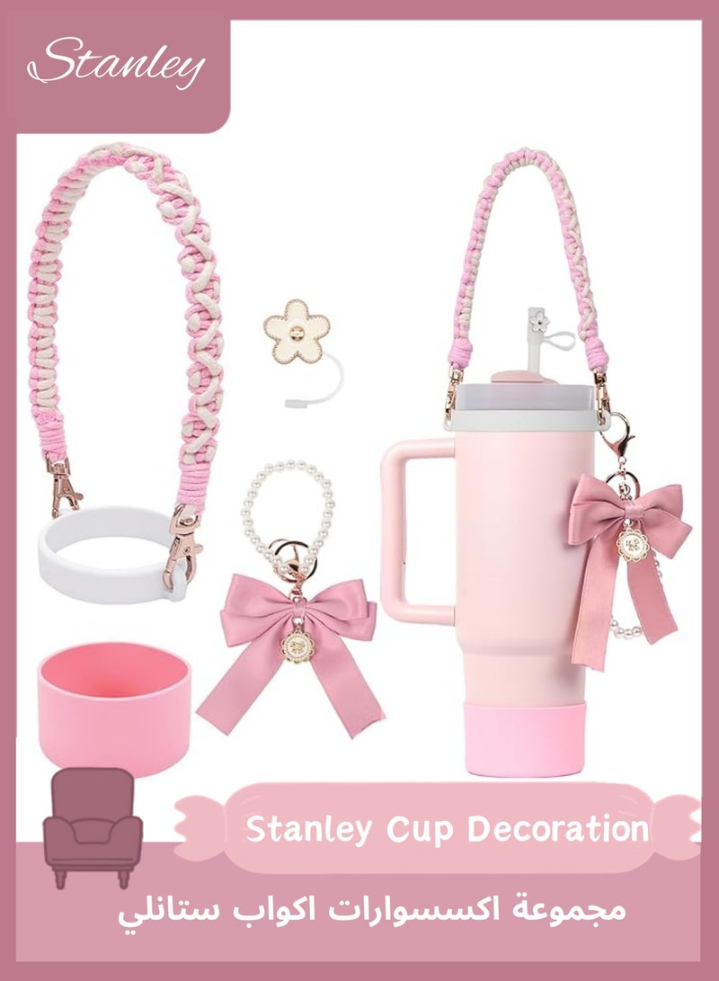 Stanley Cup Decoration, Stanley Cup Accessories Set 4Pcs for Cup 40oz & 30oz Tumbler, Stanley Cup Decoration Including Water Bottle Handle Strap, Silicone Stanley Cup Boot, Silicone Straw Cover（Pink） - Image 1