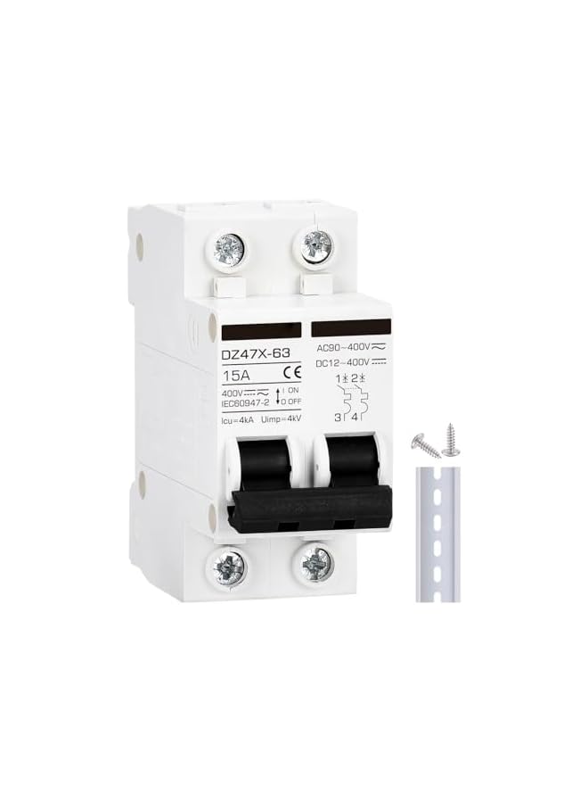 promass Miniature Circuit Breaker 15 Amp DC Solar Disconnect Switch, 12-400V, DIN Rail Mount, AC DC Universal Circuit Breaker