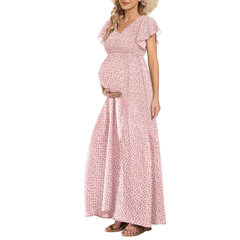 guruixu Floral Print V Neck Maternity Dress Boho Baby Shower Photoshoot Smocked Flutter Sleeve Split A Line Dress - Image 1