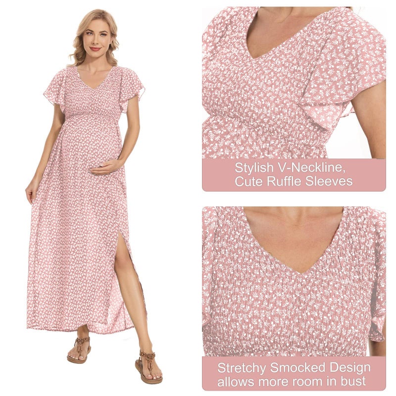guruixu Floral Print V Neck Maternity Dress Boho Baby Shower Photoshoot Smocked Flutter Sleeve Split A Line Dress - Image 5