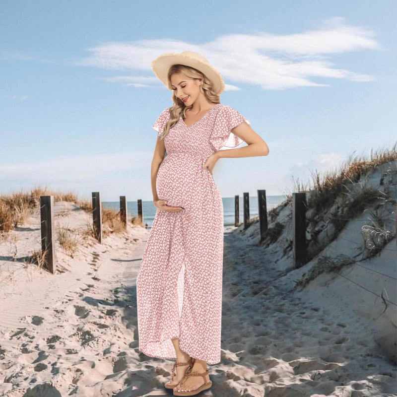 guruixu Floral Print V Neck Maternity Dress Boho Baby Shower Photoshoot Smocked Flutter Sleeve Split A Line Dress - Image 4
