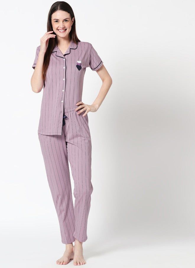 Zeyo Women Mauve Striped Night Suit - Image 2