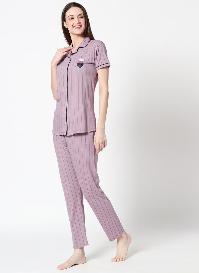 Zeyo Women Mauve Striped Night Suit - Image 4