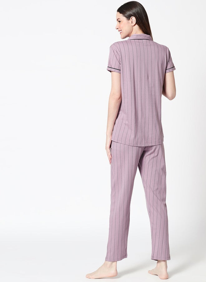 Zeyo Women Mauve Striped Night Suit - Image 5